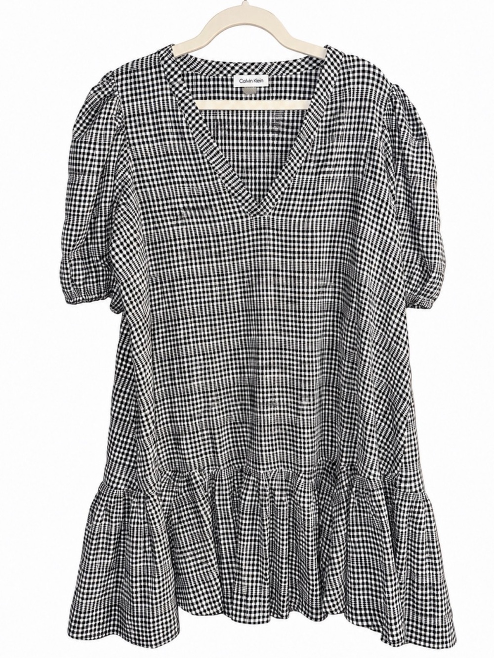 Calvin Klein Gingham Puff Sleeve Ruffle Hem Dress Black White Size 14